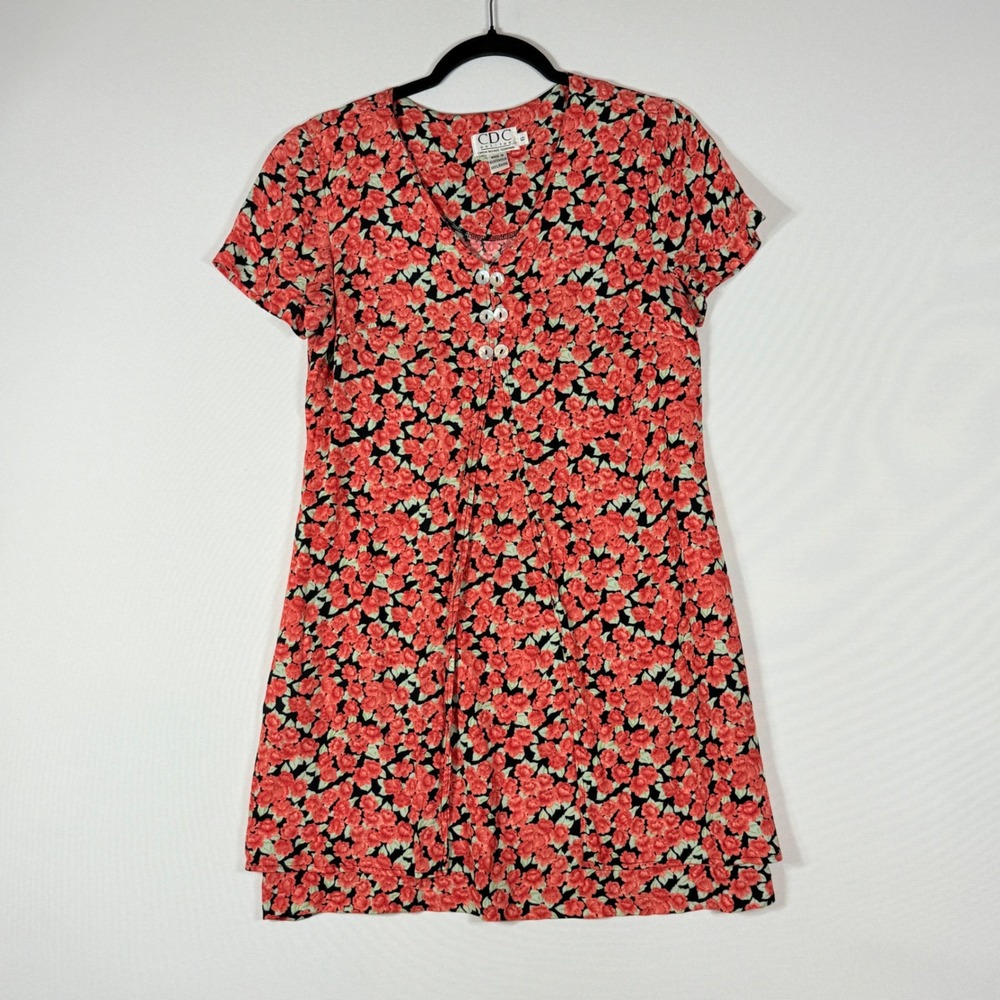 Vintage CDC Petites Women's 6 Coral Floral Cottagecore Rayon Mini Dress Y2K HOLE